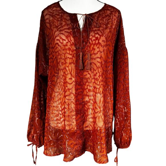 Lane Bryant Blouse Womens 14/16 Burnt Orange Sheer Boho Peasant Top Long Sleeve - Picture 9 of 11